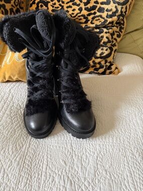 Guess Black Faux Fur Lace-Up Ankle Boots